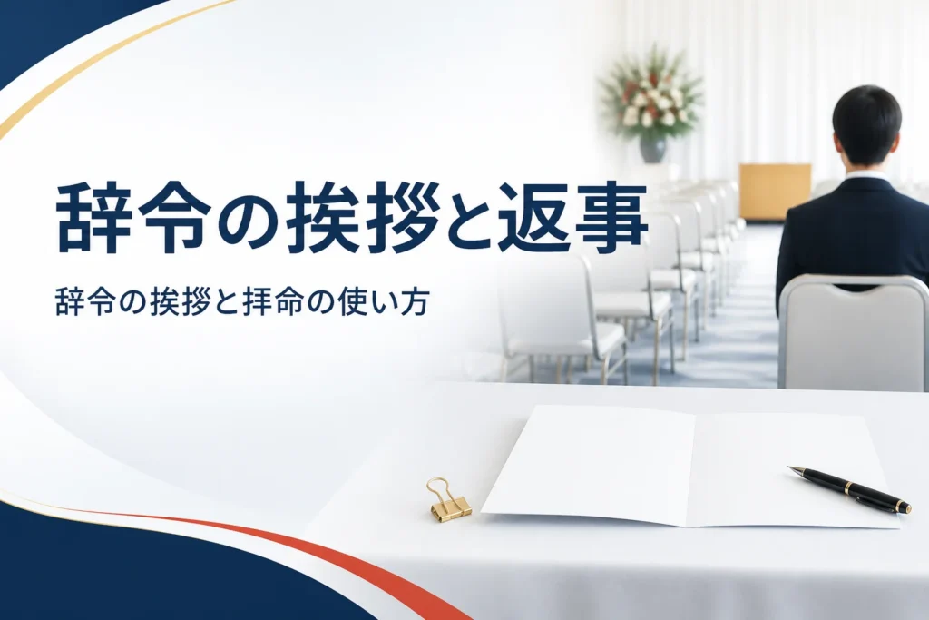 辞令を受けた時の挨拶と返事、拝命の使い方を紹介する記事のアイキャッチ。式典会場の椅子の列と机の上の書類