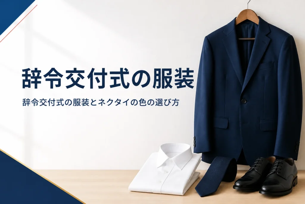 辞令交付式の服装を、スーツ・ネクタイの色と女性・夏の装いから紹介する記事のアイキャッチ。紺のスーツとネクタイ