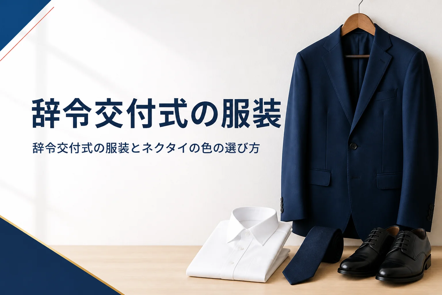 辞令交付式の服装を、スーツ・ネクタイの色と女性・夏の装いから紹介する記事のアイキャッチ。紺のスーツとネクタイ