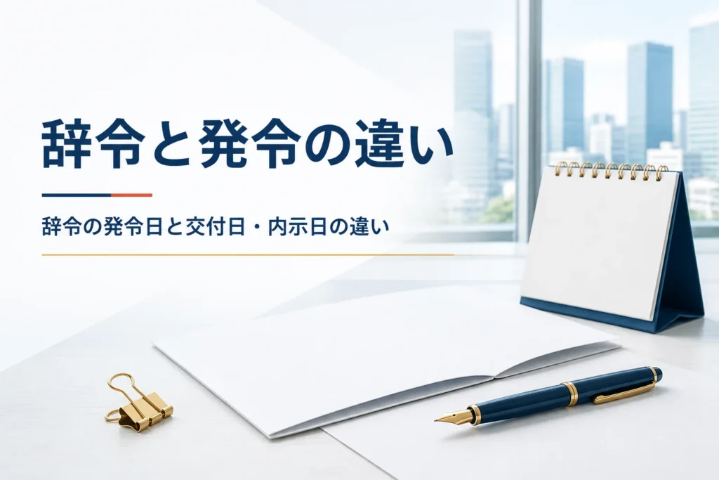 辞令と発令の違いを、発令日・交付日・内示日の3つの日付から紹介する記事のアイキャッチ。机の上の書類と卓上カレンダー
