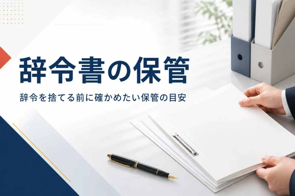 辞令書を捨てる前に確かめたい保管期間の目安と、なくした時の再発行を紹介する記事のアイキャッチ。机の上の書類ばさみと書類