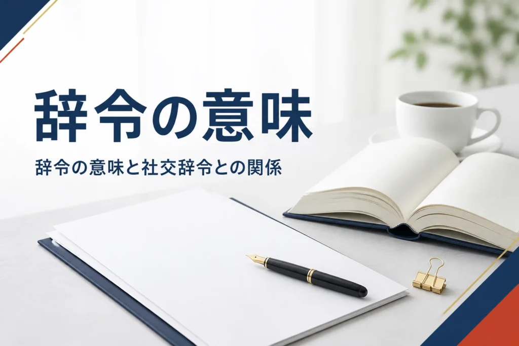 辞令の意味と読み方、社交辞令・外交辞令との関係を紹介する記事のアイキャッチ。机の上の書類と辞典