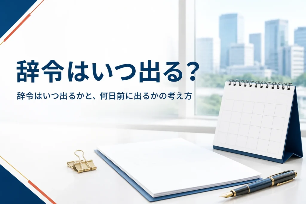 辞令がいつ出るか、何日前に出るかを紹介する記事のアイキャッチ。机の上のカレンダーと書類