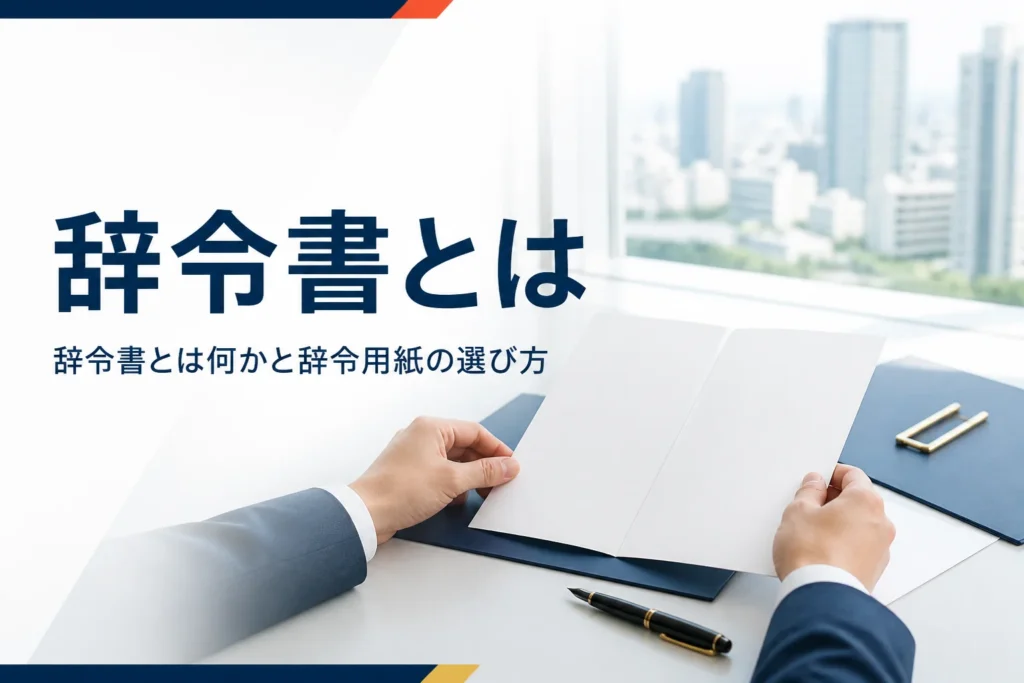 辞令書とは何かと、辞令用紙のサイズ・紙、人事異動通知書との違いを紹介する記事のアイキャッチ。机の上の白い書類と書類ばさみ