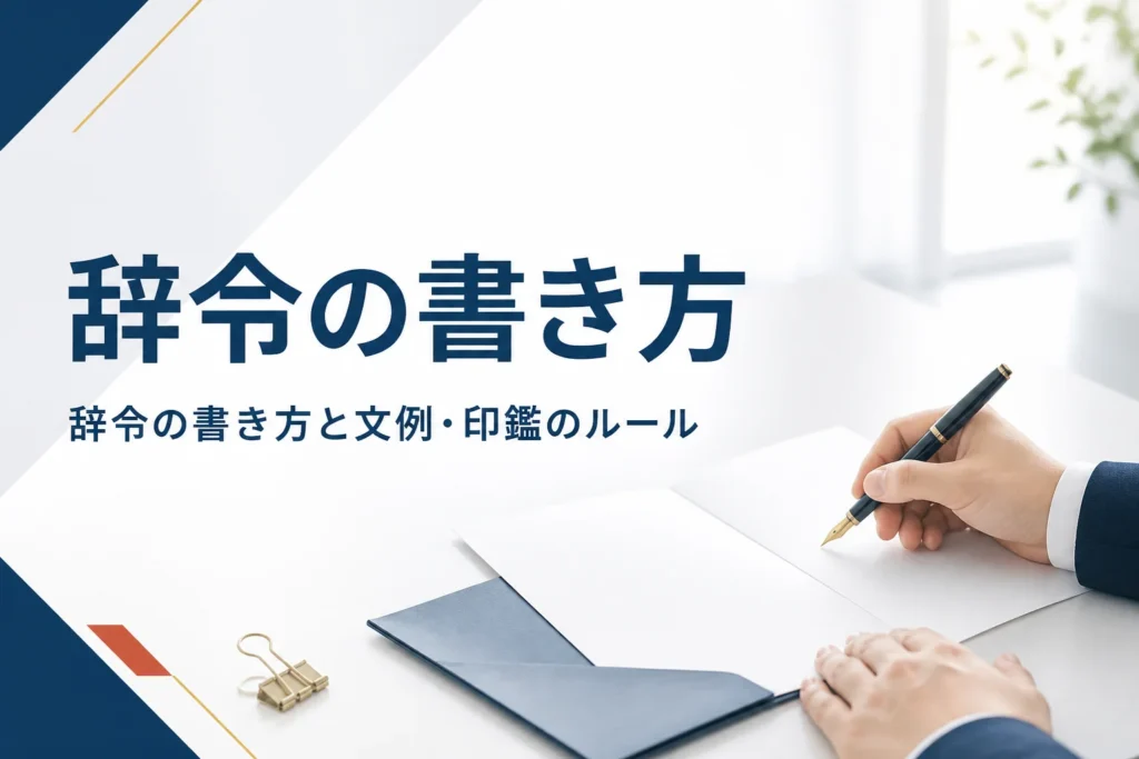 辞令の書き方と文例、日付・印鑑・敬称のルールを紹介する記事のアイキャッチ。机の上の白い書類と万年筆