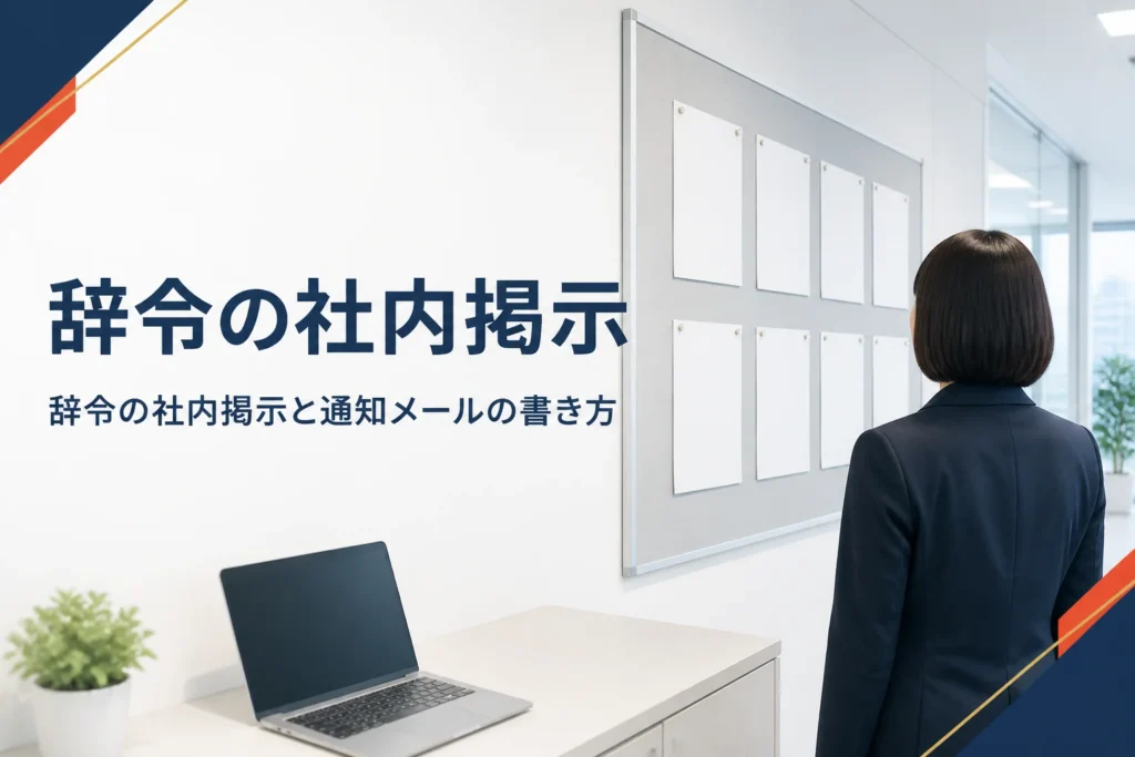 辞令の社内掲示と社内通知メールの書き方を紹介する記事のアイキャッチ。オフィスの掲示板に張られた白い紙とノートパソコン