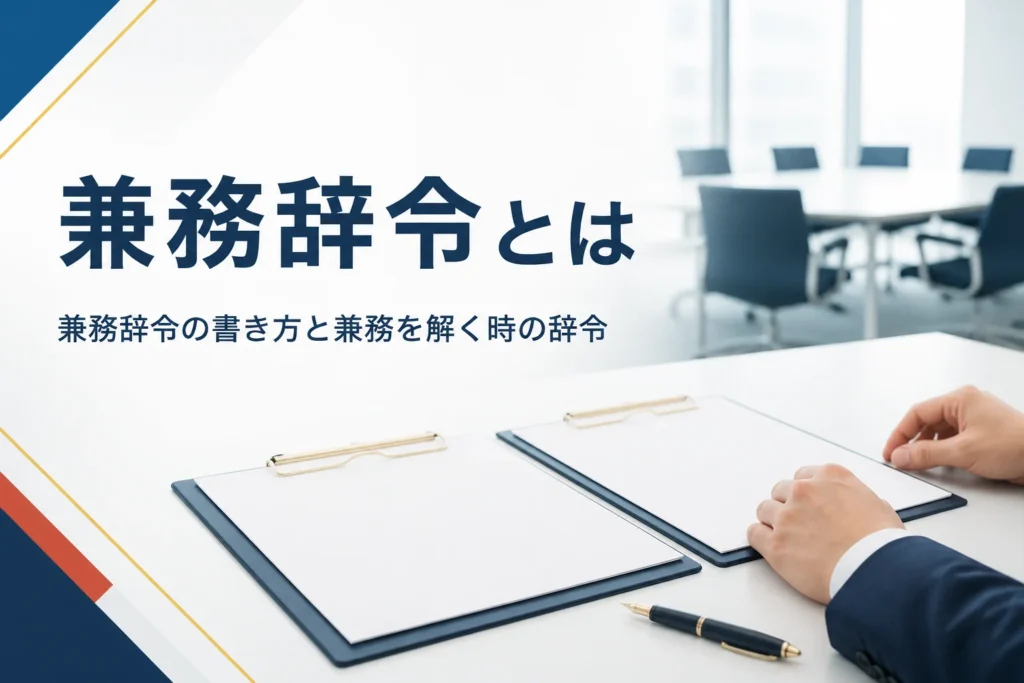 兼務辞令の意味と書き方、兼務を解く時の辞令を紹介する記事のアイキャッチ。机の上に並ぶ二つの書類ばさみ
