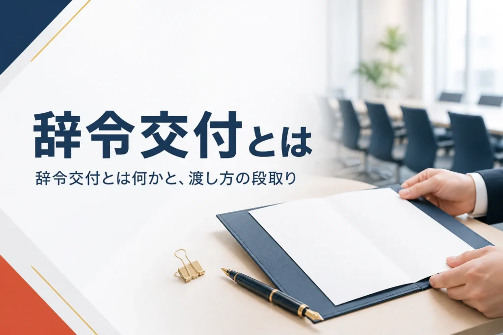 辞令交付の意味と渡し方、会社が交付する時の段取りを紹介する記事のアイキャッチ。机の上の書類と書類ばさみ