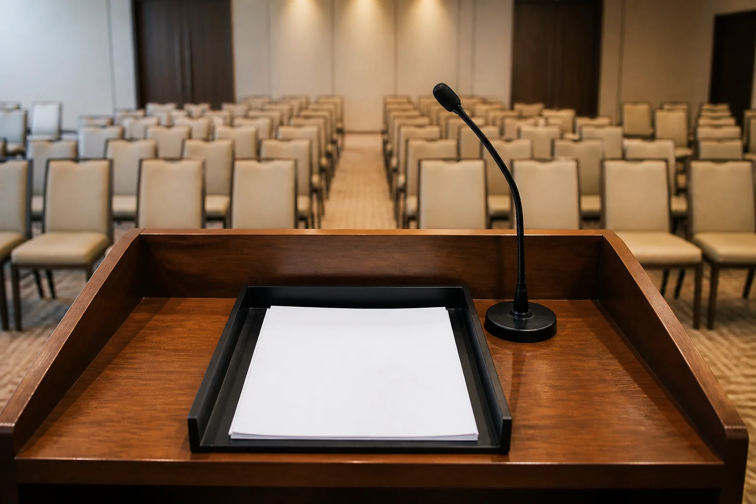 辞令交付式の会場で、演台の上に辞令を載せたトレイが置かれている様子