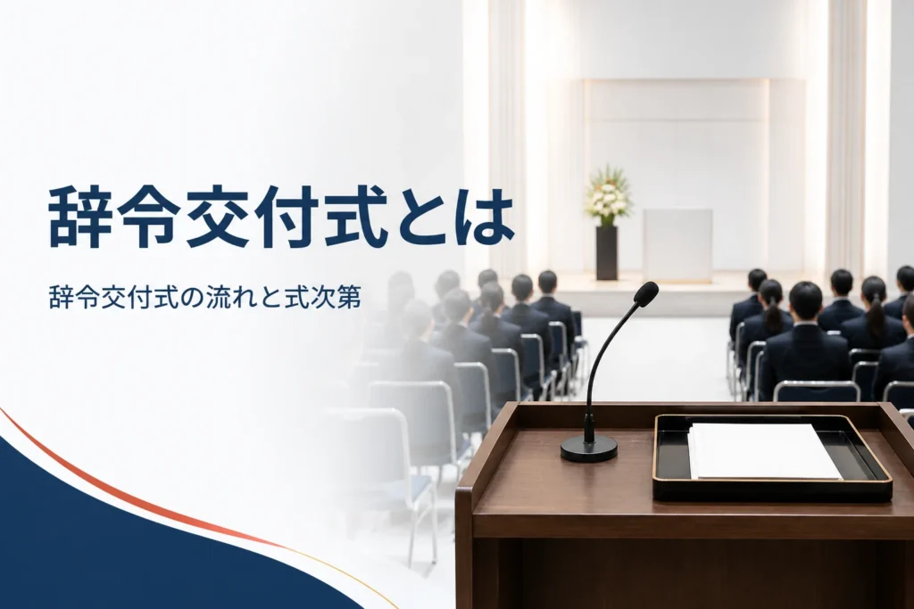 辞令交付式の流れと式次第、公務員・教員の交付式を紹介する記事のアイキャッチ。式典会場の演台と椅子の列
