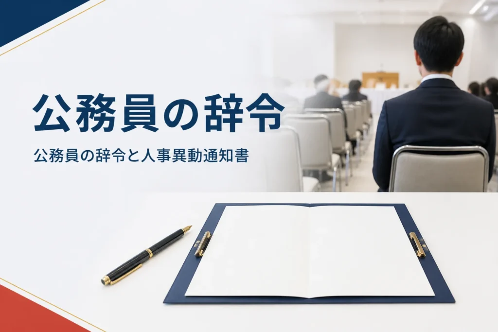 公務員の辞令と人事異動通知書・辞令書、採用から退職までの辞令を紹介する記事のアイキャッチ。式典会場の椅子の列と書類ばさみ