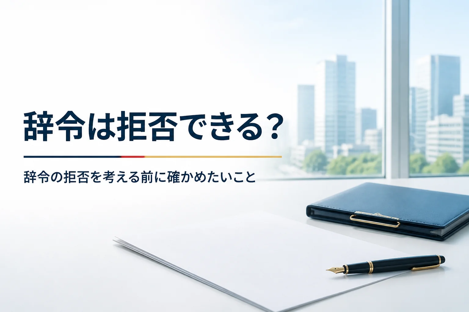 辞令を拒否できるかと、断る前に確かめたいことを紹介する記事のアイキャッチ。机の上の書類と万年筆
