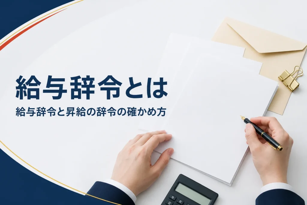 給与辞令の意味と、昇給の辞令がいつ出るか、金額の確かめ方を紹介する記事のアイキャッチ。机の上の書類と封筒、電卓