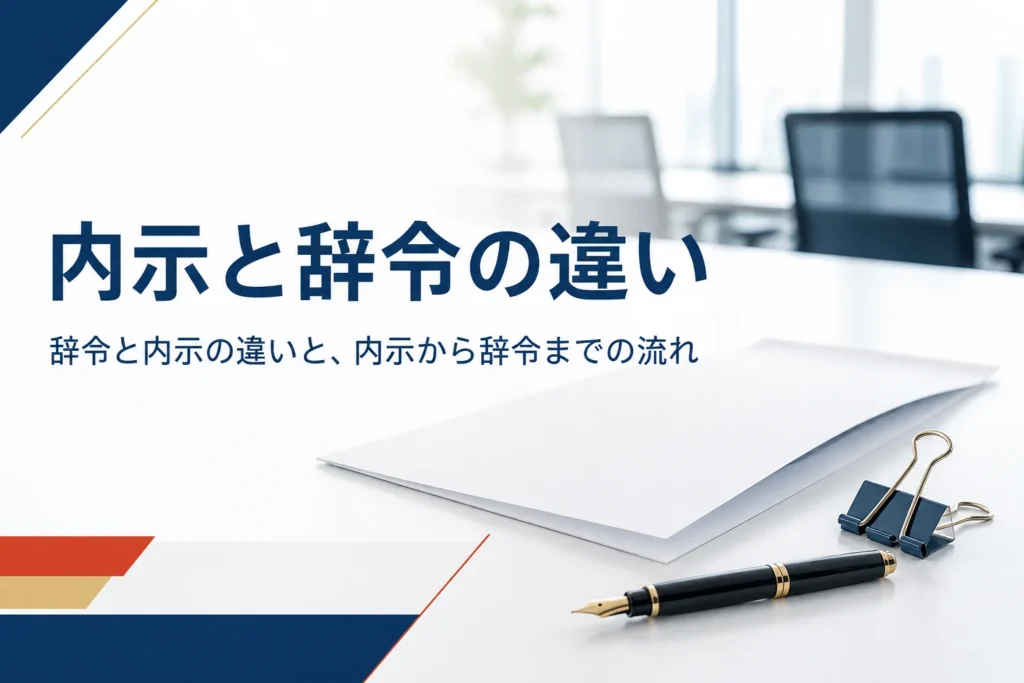 内示と辞令の違いと、内示から辞令までの期間を紹介する記事のアイキャッチ。机の上の書類と万年筆