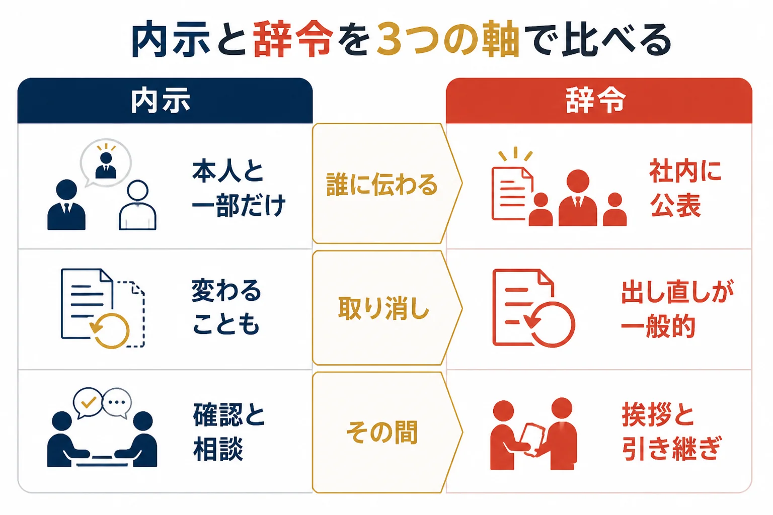 内示と辞令を「誰に伝わるか」「取り消せるか」「その間にすること」の3つの軸で比べた図解
