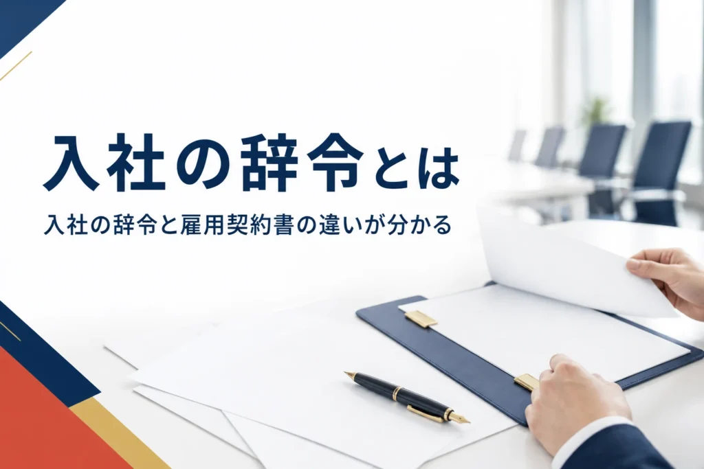 入社の辞令（採用辞令）と雇用契約書・労働条件通知書の違いを紹介する記事のアイキャッチ。机の上の書類と万年筆