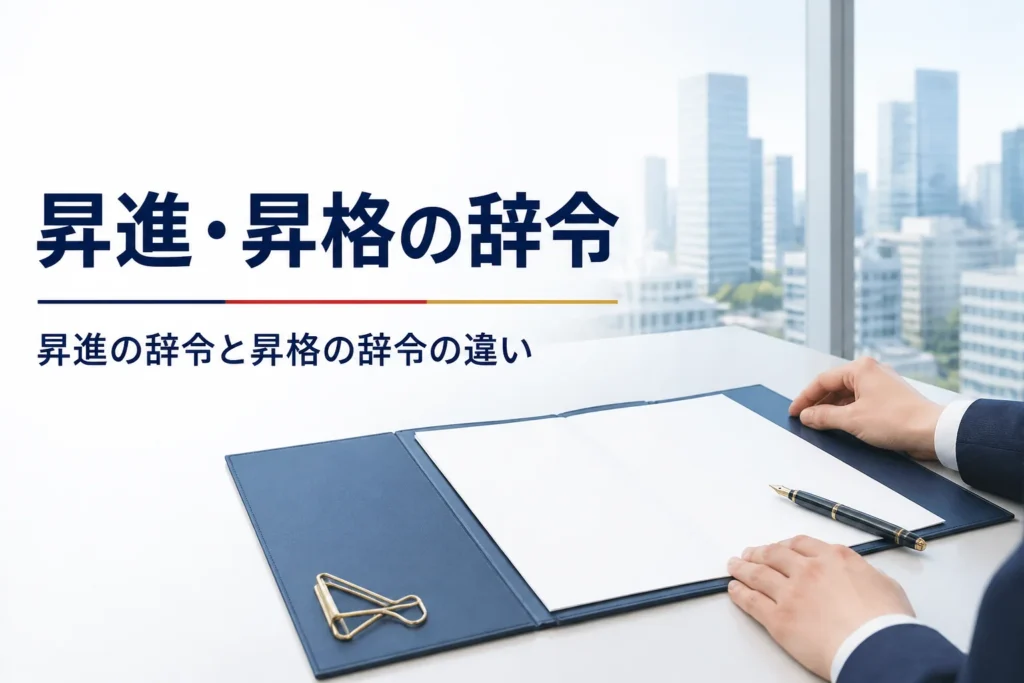 昇進の辞令と昇格の辞令の違いと、受けた時のお礼・挨拶を紹介する記事のアイキャッチ。机の上の書類ばさみと万年筆
