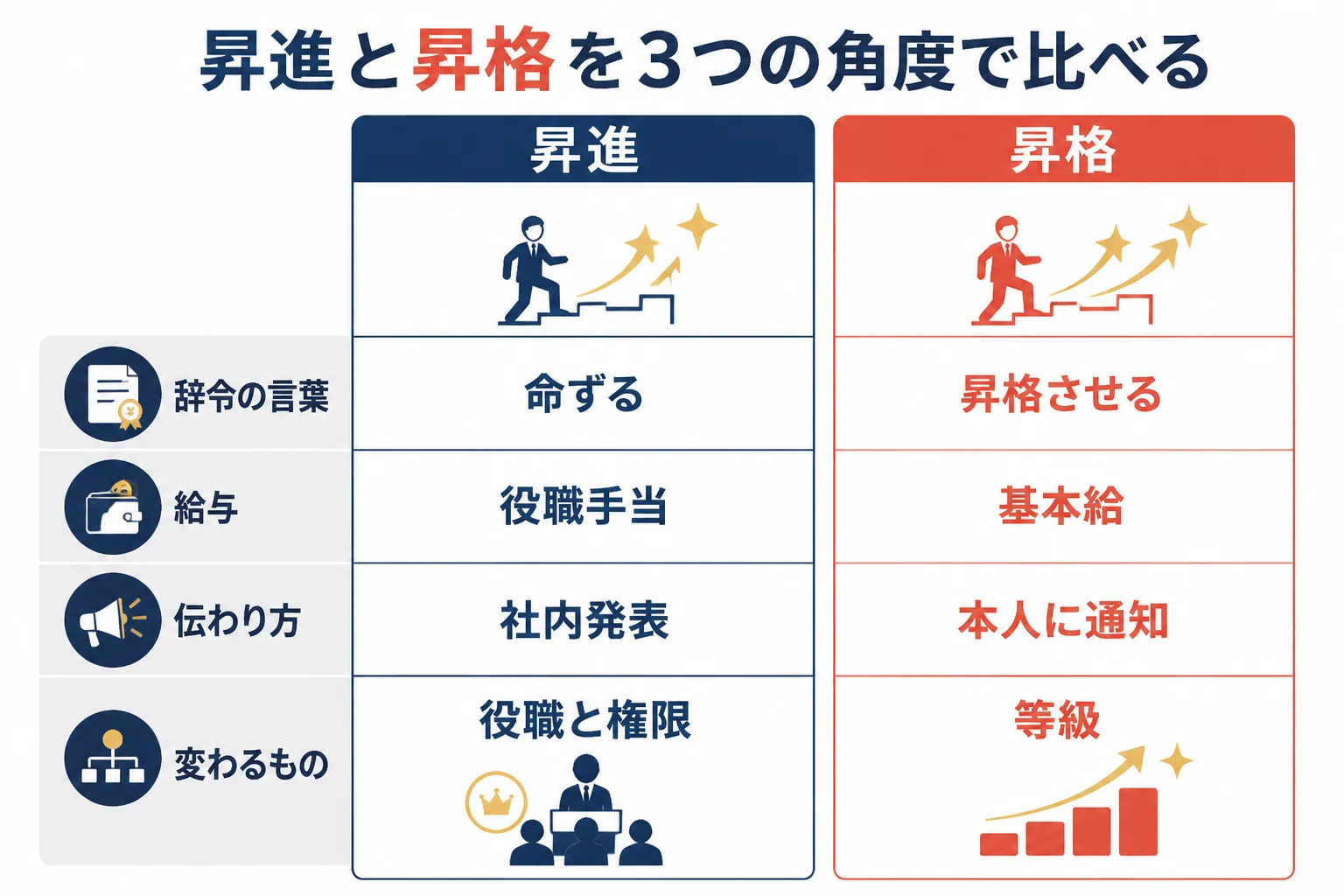 昇進の辞令と昇格の辞令を、辞令に書かれる言葉・給与の変わり方・周りへの伝わり方の3つの角度で比べた図解