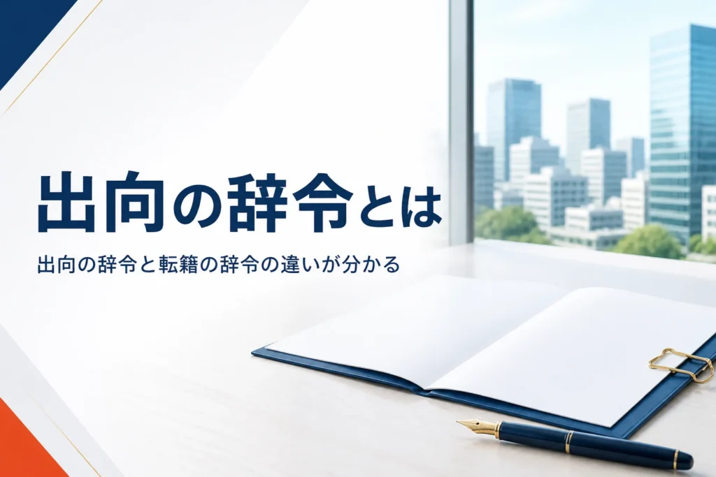 出向の辞令と転籍の辞令の違い、出向解除で戻る時の辞令を紹介する記事のアイキャッチ。街並みを望む机と書類