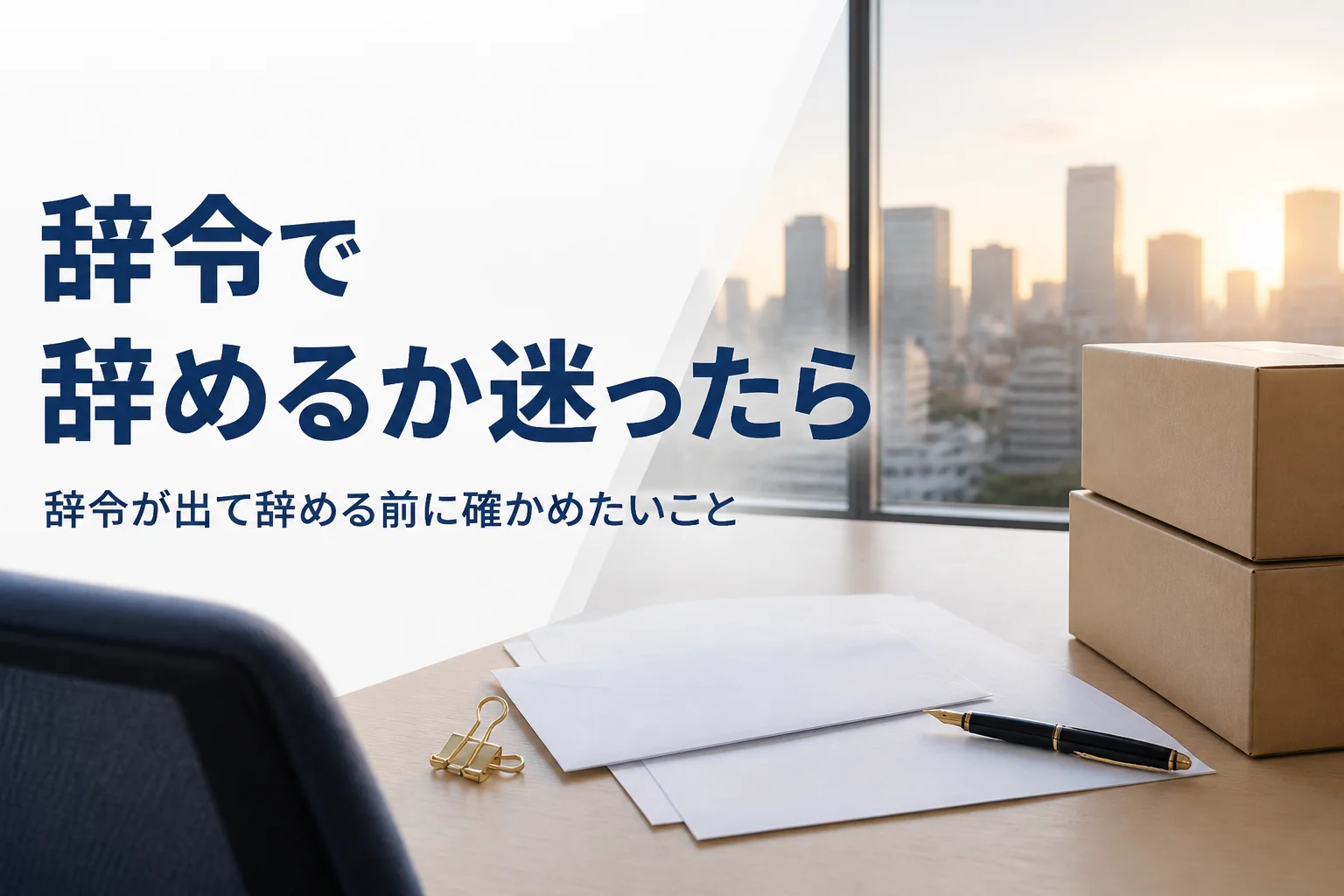 辞令が出て辞めるか迷った時の確認と退職の進め方を紹介する記事のアイキャッチ。机の上の書類と段ボール