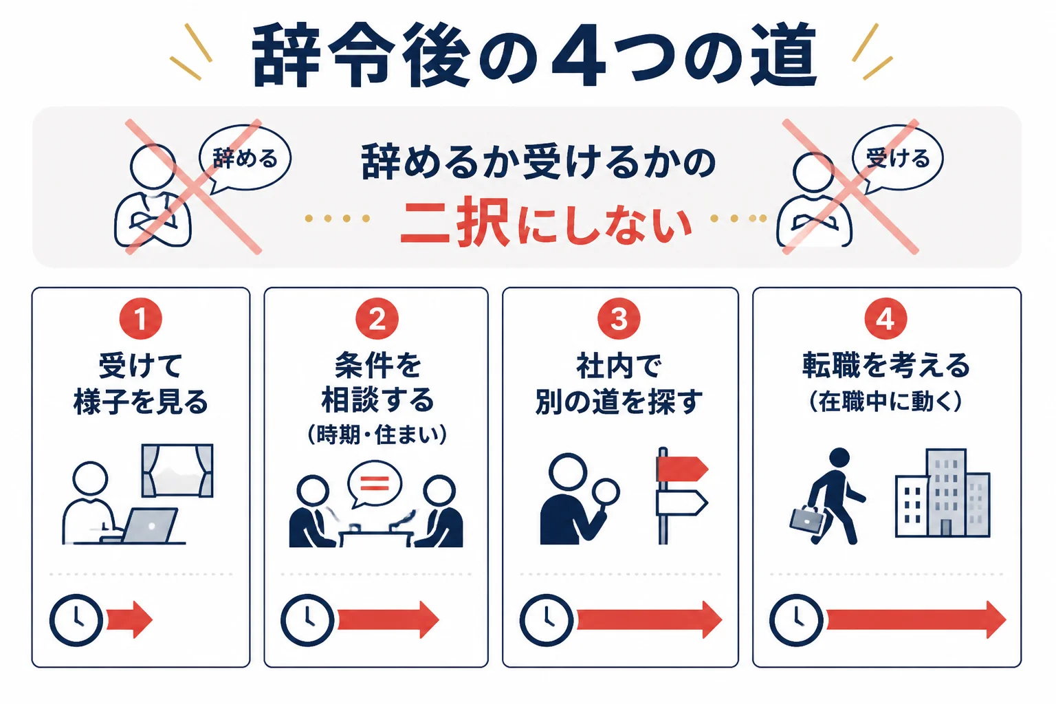 辞令後の4つの道を、受けて様子を見る・条件を相談する・社内で別の道を探す・転職を考えるに分けて比べた図解
