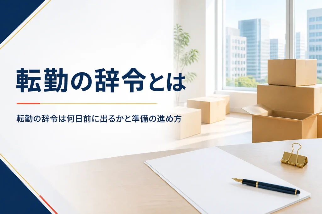 転勤の辞令が何日前に出るかと、引っ越しや家族の準備の進め方を紹介する記事のアイキャッチ。段ボール箱と書類